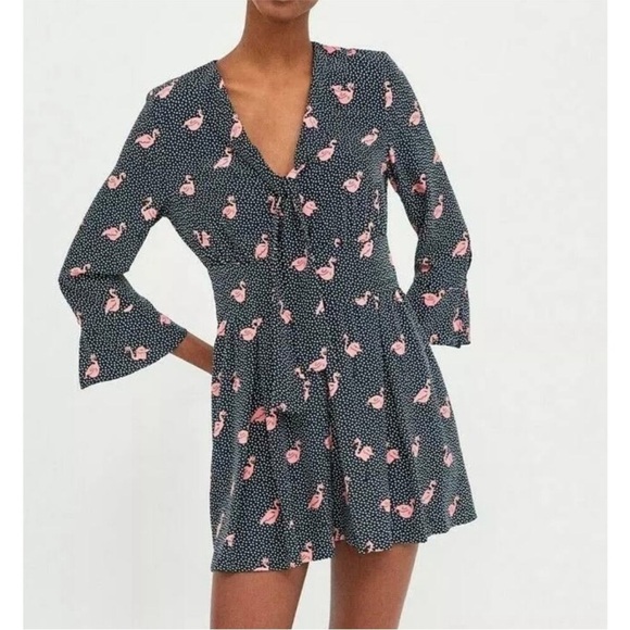 Zara Black Pink Swan Pleated Romper with Pockets Size Medium - Picture 1 of 13